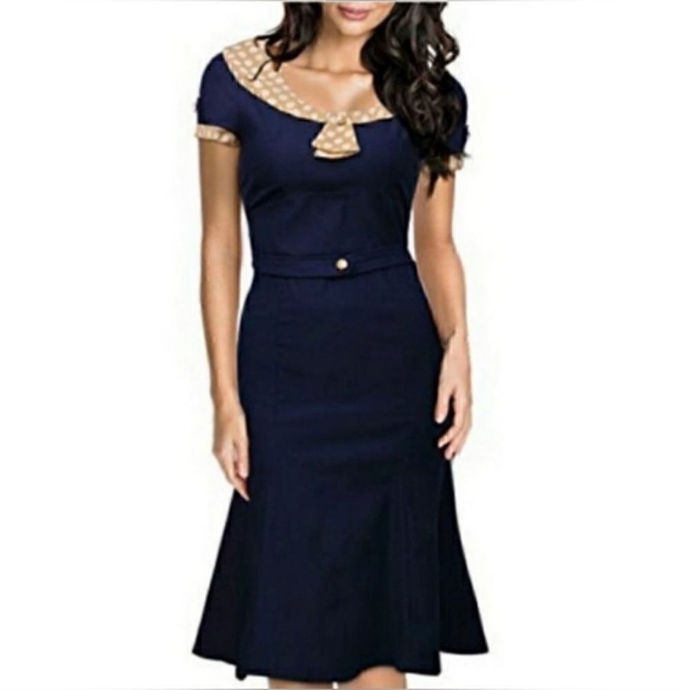 Miusol Navy Blue Dress With Beige Polka Dot Detail Sz XL